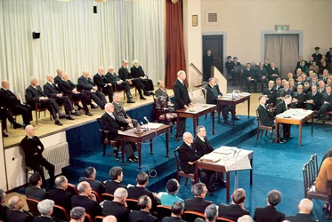 President Eamon de Valera addressing the Dail in the Mansion House Dublin on the 50th anniversary of the Dail
